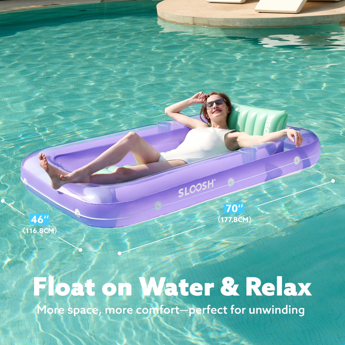 SLOOSH Inflatable Tanning Pool Lounger Float  70 x 46 Pool Floats mature-themed with Pillow  4 in 1 Suntan Tub Raft Floatie Sunbathing Bed Lounge for Water Blow Up Kids Ball Pit Party Gifts  L-Purple Green