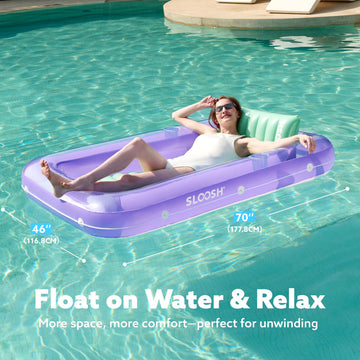 SLOOSH Inflatable Tanning Pool Lounger Float  70 x 46 Pool Floats mature-themed with Pillow  4 in 1 Suntan Tub Raft Floatie Sunbathing Bed Lounge for Water Blow Up Kids Ball Pit Party Gifts  L-Purple Green