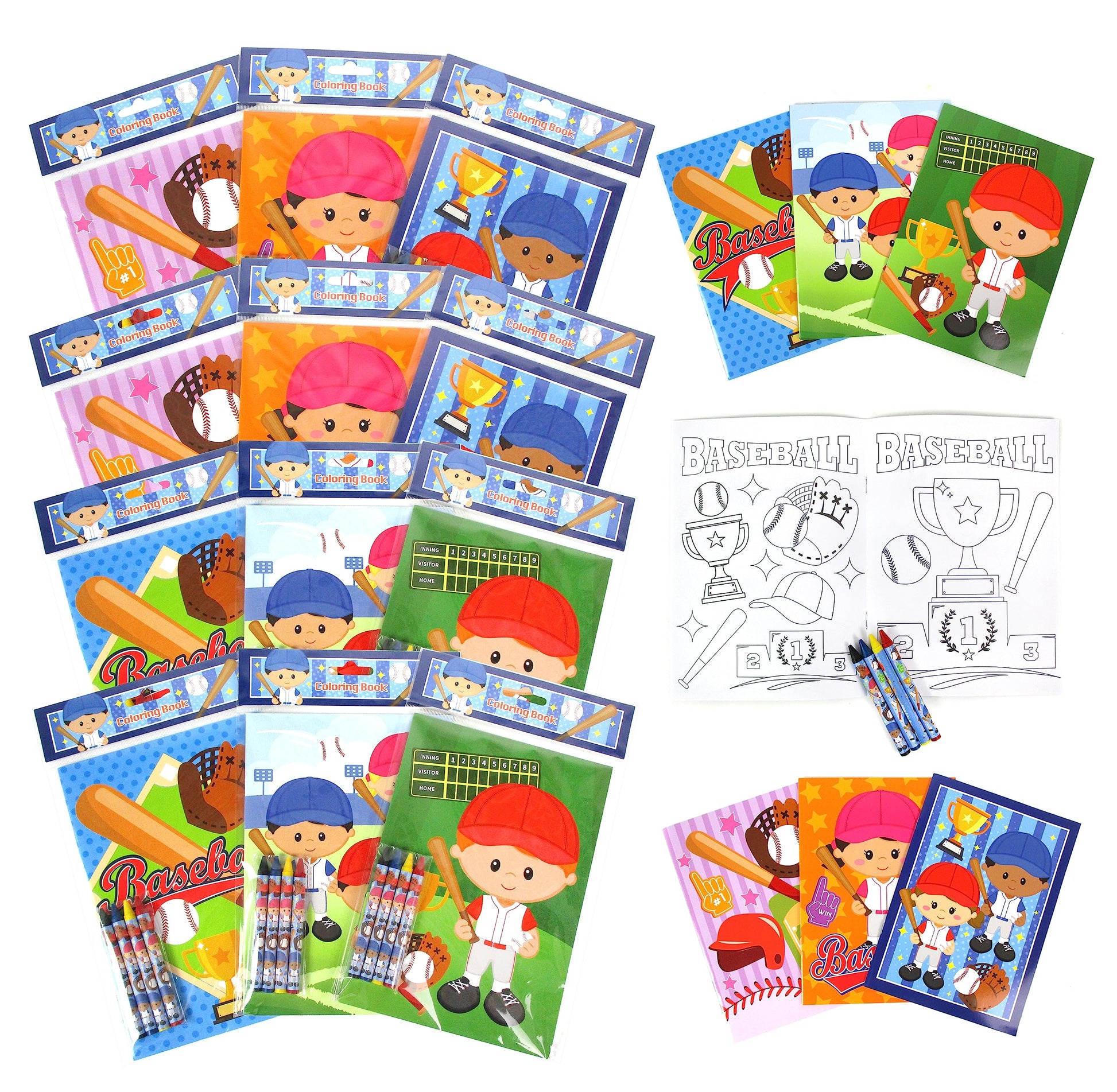 TINYMILLS Baseball Coloring Book Set with 12 Coloring Books and 48 Crayons Baseball Birthday Party Supplies Favor Bag Filler Tea