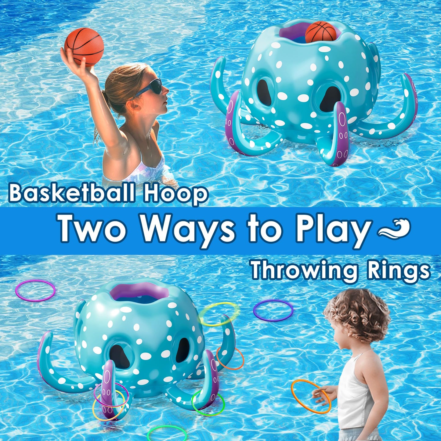 iPlay, iLearn Large Blue Inflatable Pool Toys - 2-in-1 Octopus Basketball & Ring Toss for Kids Ages 3-8 - Fun Summer Outdoor Game