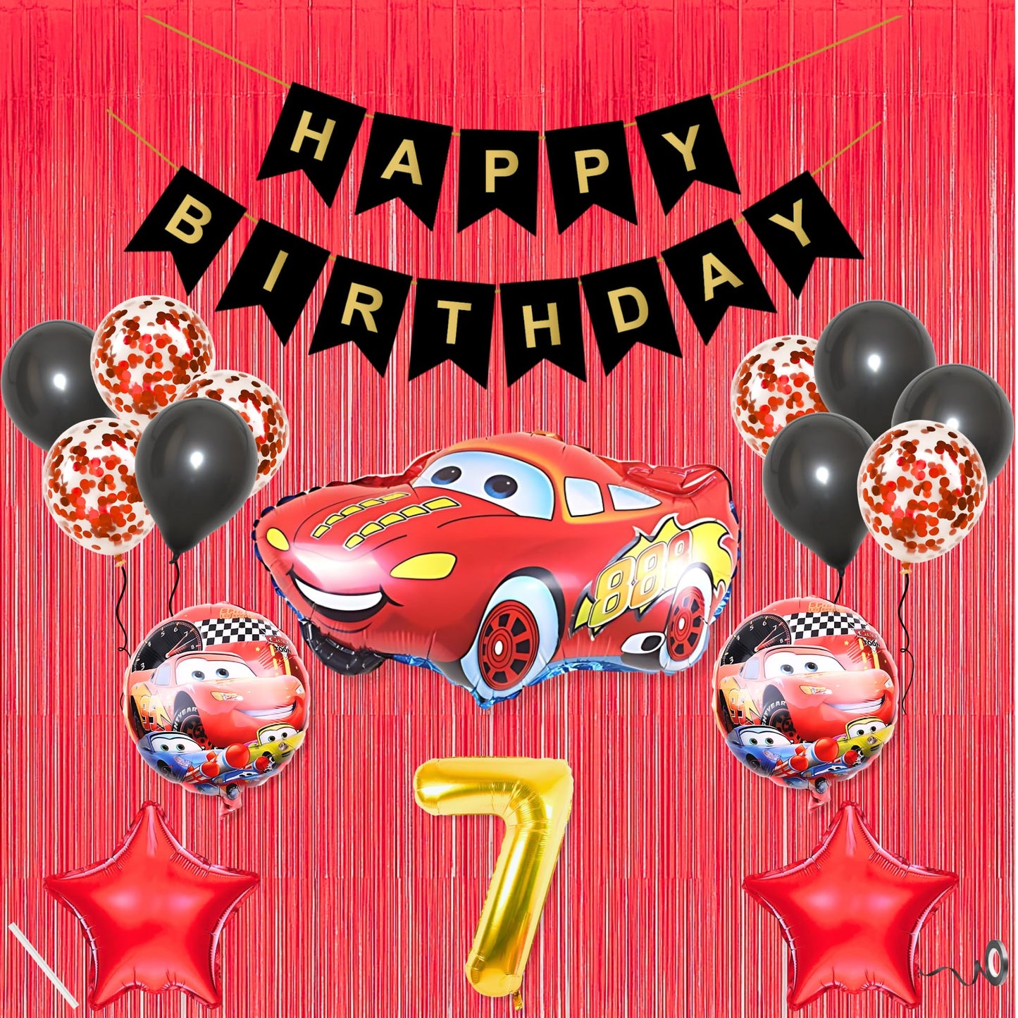 7Th Car Theme Happy Birthday Banner Decoration Black For 7 Year Old Baby Boys Girls Kids 5 Pc Lightning Macqueen Theme 10 Pc Con