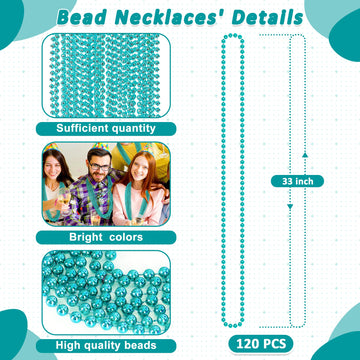 Huskein Mardi Gras Beads, 120 PCS Mardi Gras Accessories, 33'' Bead Necklaces, Lakeblue Party Beads Parade Throws Bulk Women Men