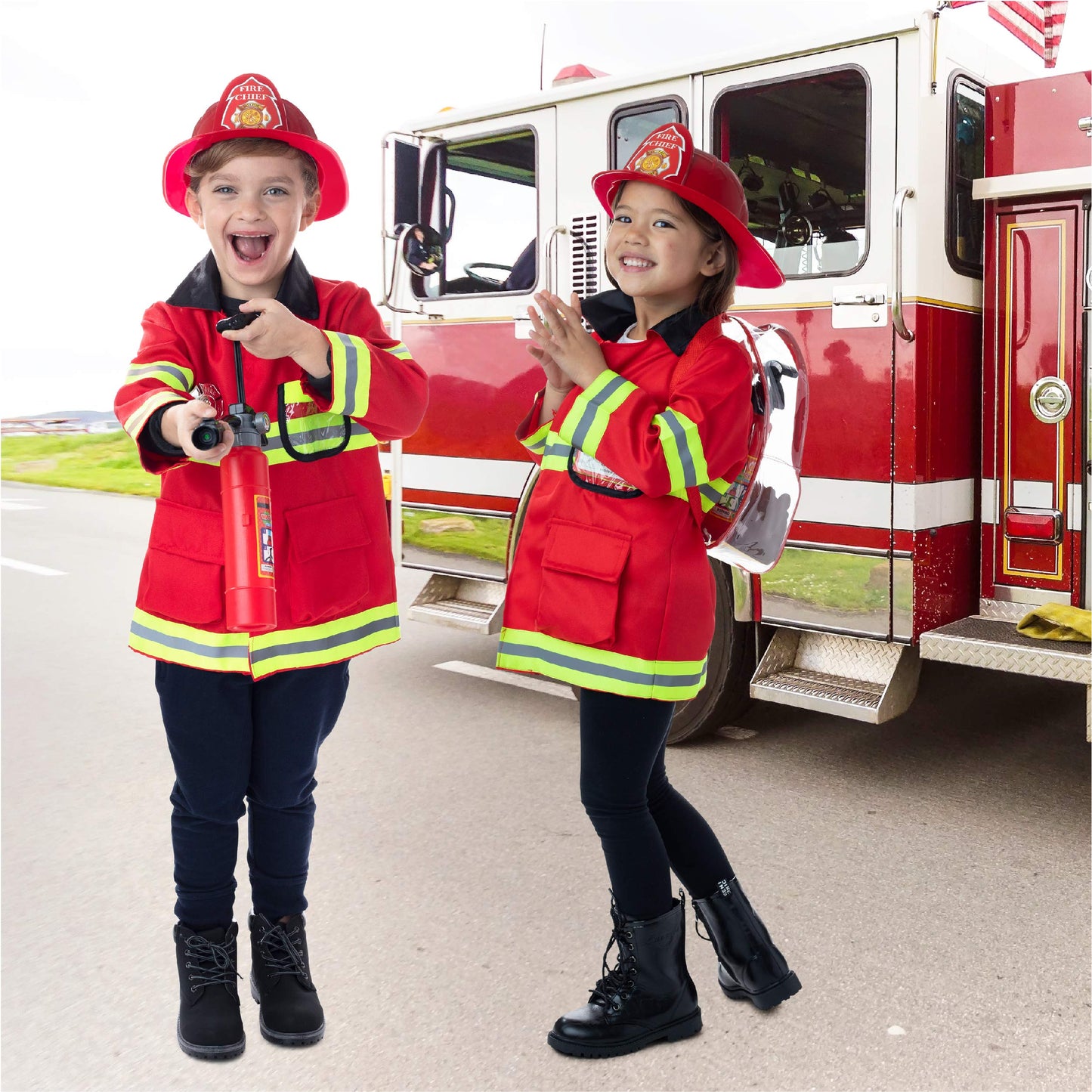 Born Toys 8 PC enhanced Washable Kids Fireman Costume Toy for Kids Boys Girls Toddlers  and Children with Complete Firefighter Accessories