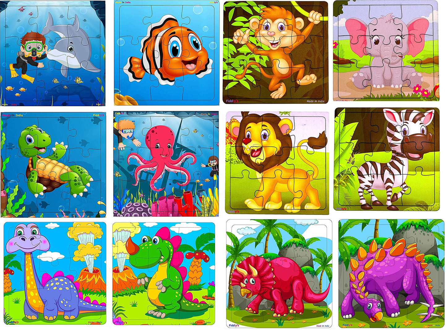 Fiddlys Fiddly s Wood Jigsaw Puzzles for Kids & Children - 9 Pieces (Pack of 12 - Animals+Dinos+Sea) Age 3+