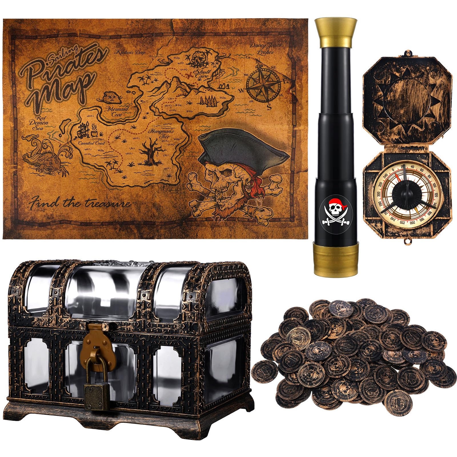 Bencailor 104 Pcs Pirate Treasure, Chest Box with Bronze Coins Vintage Map Compass Telescope for Boy Girl Halloween Cosplay Prop