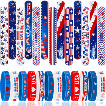 Junebrushs 4Th Of July Party Favors, 50 Pcs Patriotic Decorations Slap Bracelets Rubber Wristbands Assorted For Kids Gifts Silicone Bracelets Bulk Memorial Veterans Day Party Accessories