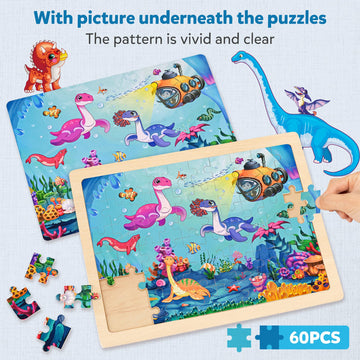 Synarry Wooden Dinosaur Puzzles For Kids Ages 4-6, 6 Packs 60 Pcs Jigsaw Puzzles Educational Toys Gifts For Children Ages 4-8, Kids Puzzles For 4+ Year Olds Boys Girls, Wood Puzzles Ages 3 4 5 6 7 8