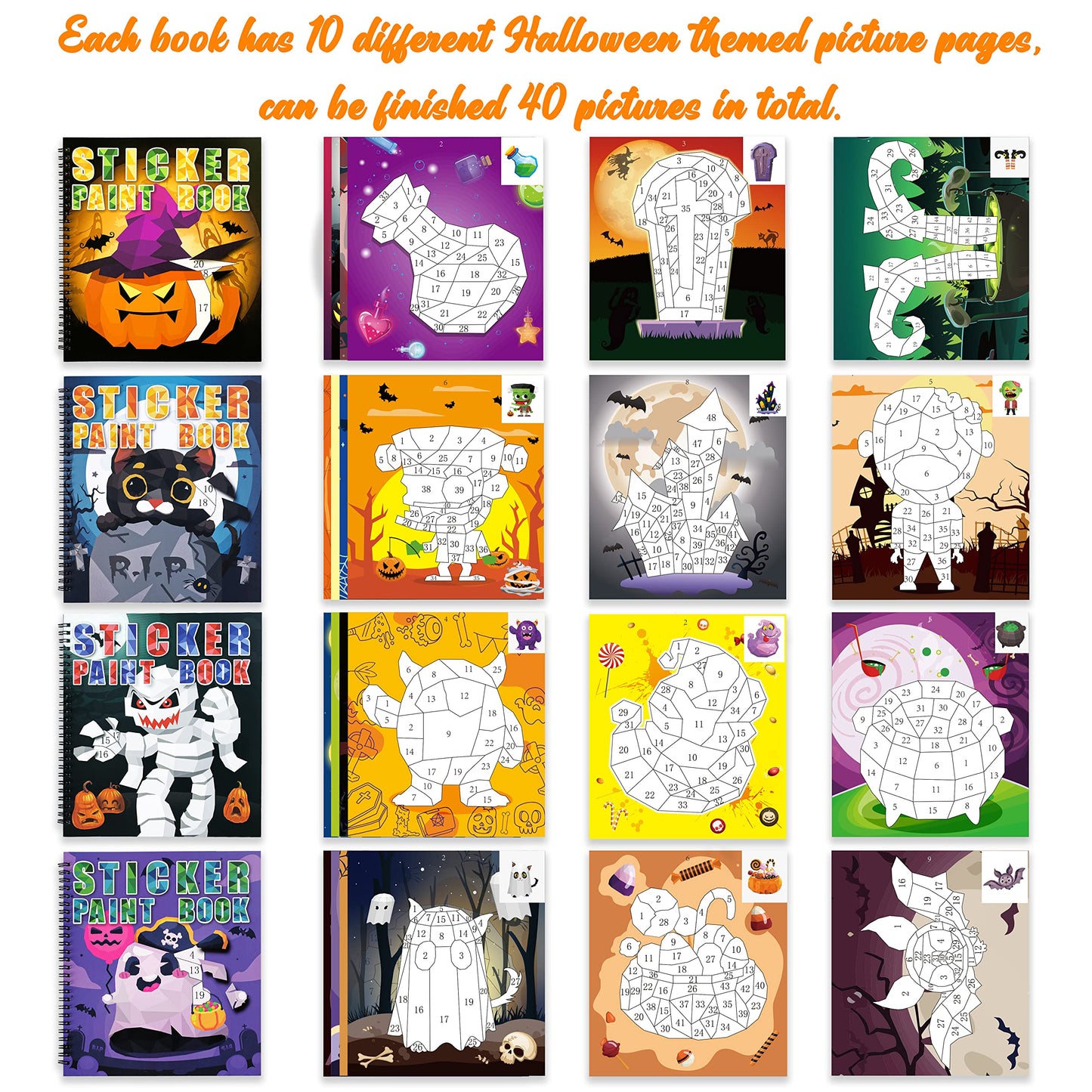 90shine 4PCS Halloween Crafts for Kids Ages 4-8 Sticker Books Gift Party Favors Create 40 Pictures