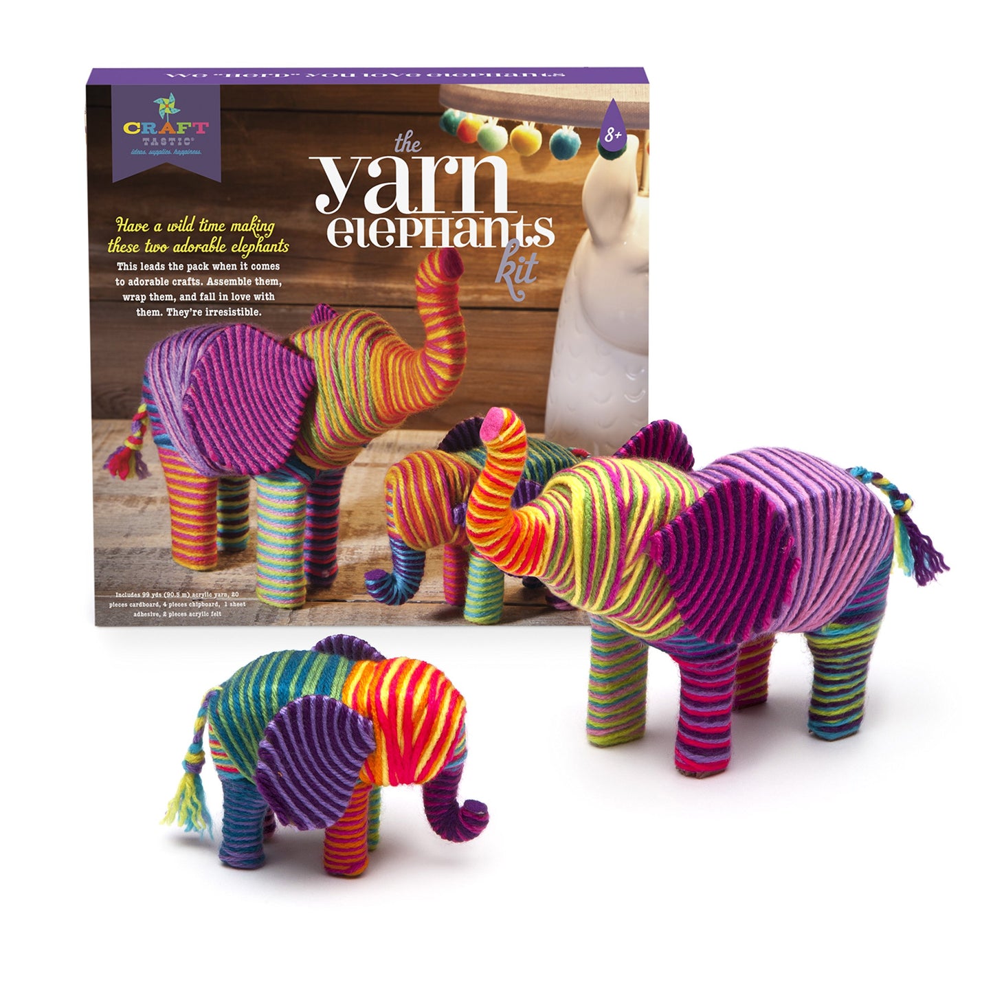 Craft-tastic Yarn Elephants Kit - Makes 2 Yarn-Wrapped Elephants - Multi Color - Ages 8+ - Model CT1775T