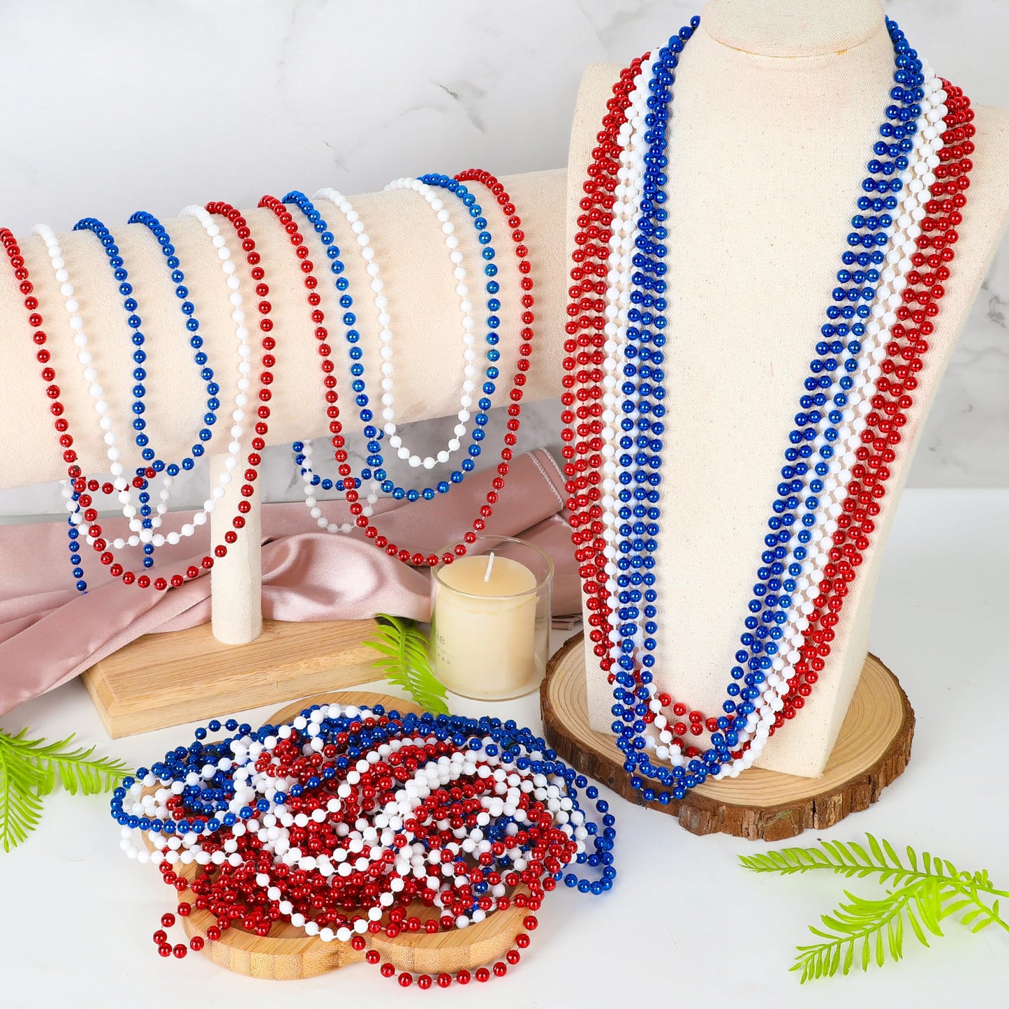 Huskein 24 Pcs Fourth Of July Beaded Necklaces, 33'' Red White Beads Necklaces Bulk, Independence Day Beads, Patriotic Parade Th