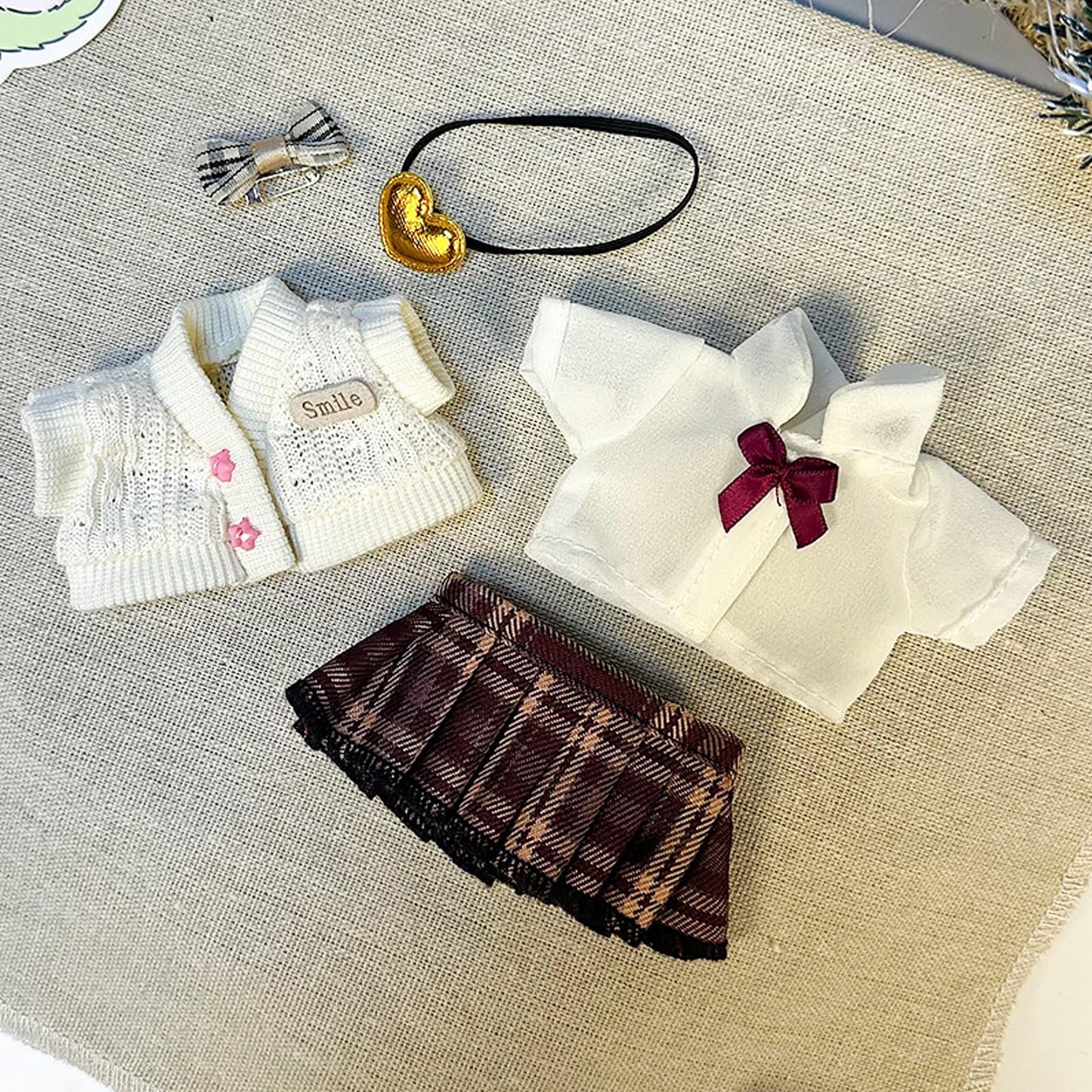 QIUTIMIY Clothes for Doll 17cm Doll Clothes 5-Piece-Set Doll Clothes enhanced Doll Outfit with Accessories-Headdress+Sweater+Shirt+Pleated Skirt+Bag(NO Doll Included)