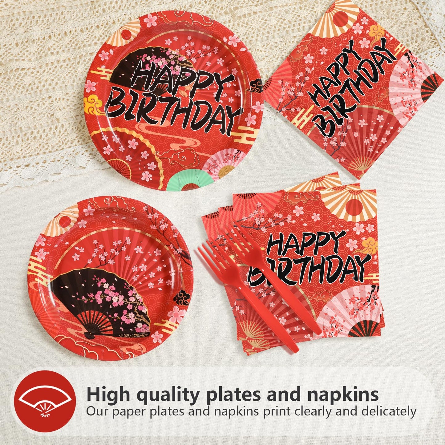 Grencian 96 Pcs Hibachi Party Decorations Folding Fans Birthday Party Supplies Disposable Japanese Fans Paper Plates Tableware f