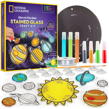 National Geographic Kids Window Art Kit - Stained Glass Solar System Arts & Crafts Kit With Glow In The Dark Planets, Use As Window Suncatchers, Hanging Decor From Ceiling, Mobile, Space Room Decor