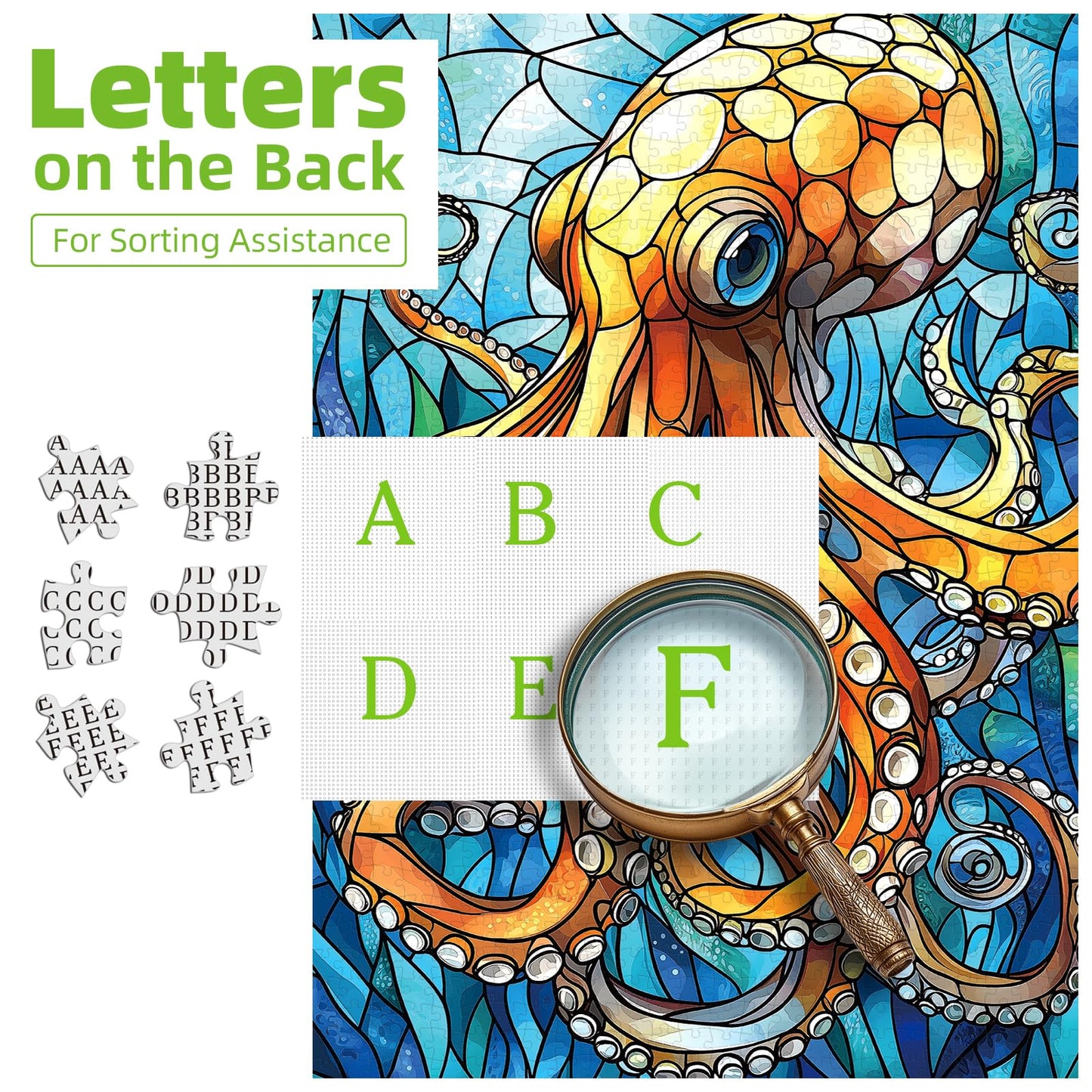 Blueforest 500 Piece Stained Glass Octopus Jigsaw Puzzle, 23" x 15", Cardboard, Blue-500 Piece, Ocean Art for Adults and Family Fun