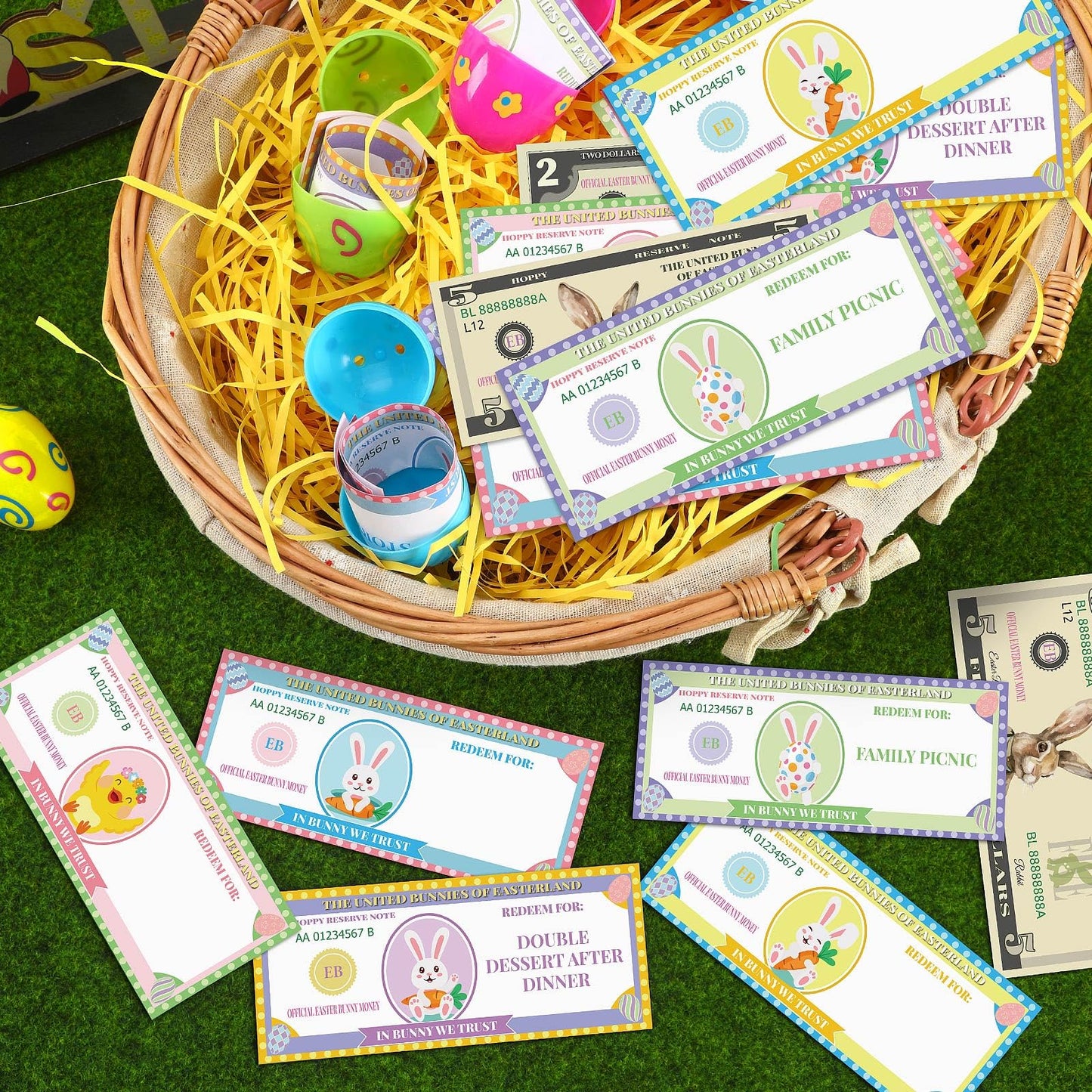 Juleasel 100 Pcs Easter Egg Fillers-Bunny Money Coupons, Paper Easter Egg Tokens Basket Stuffers, 60 Redeemable Coupons+30 Blank