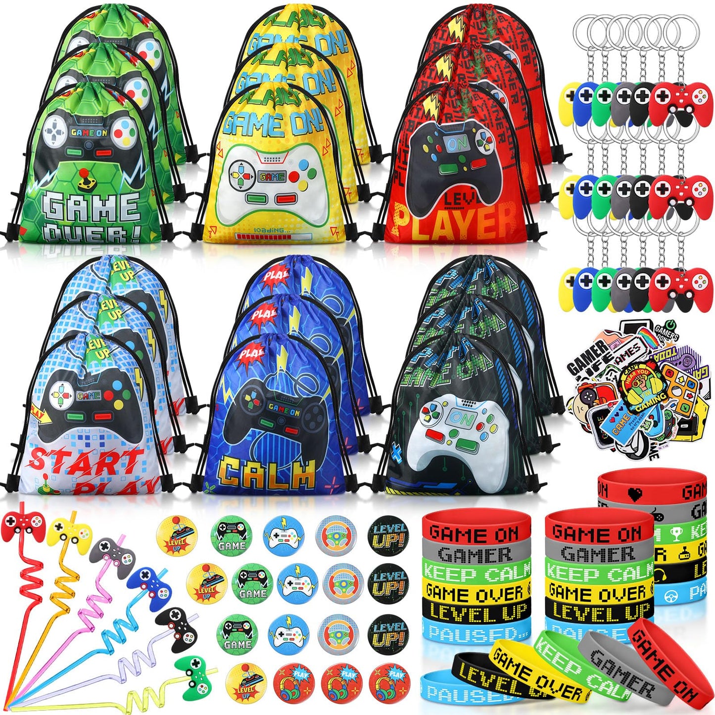 Sadnyy 140 Pcs Video Game Party Favors Birthday Party Decorations Supplies Drawstring Bags with Silicone Bracelets Keychains Str