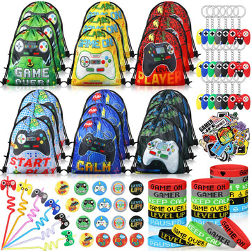 Sadnyy 140 Pcs Video Game Party Favors Birthday Party Decorations Supplies Drawstring Bags with Silicone Bracelets Keychains Str