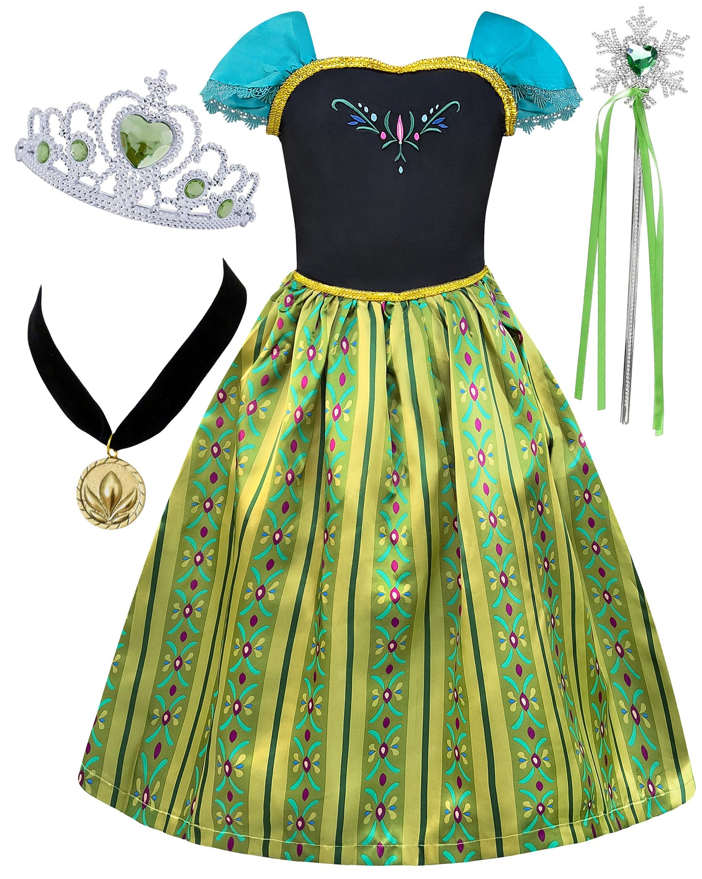 Cokos Box Princess Costumes For Girls Birthday Party Halloween Cosplay Christmas Dress Up Coronation Dress Necklace Accessories Set, Olive, 7-8 Years