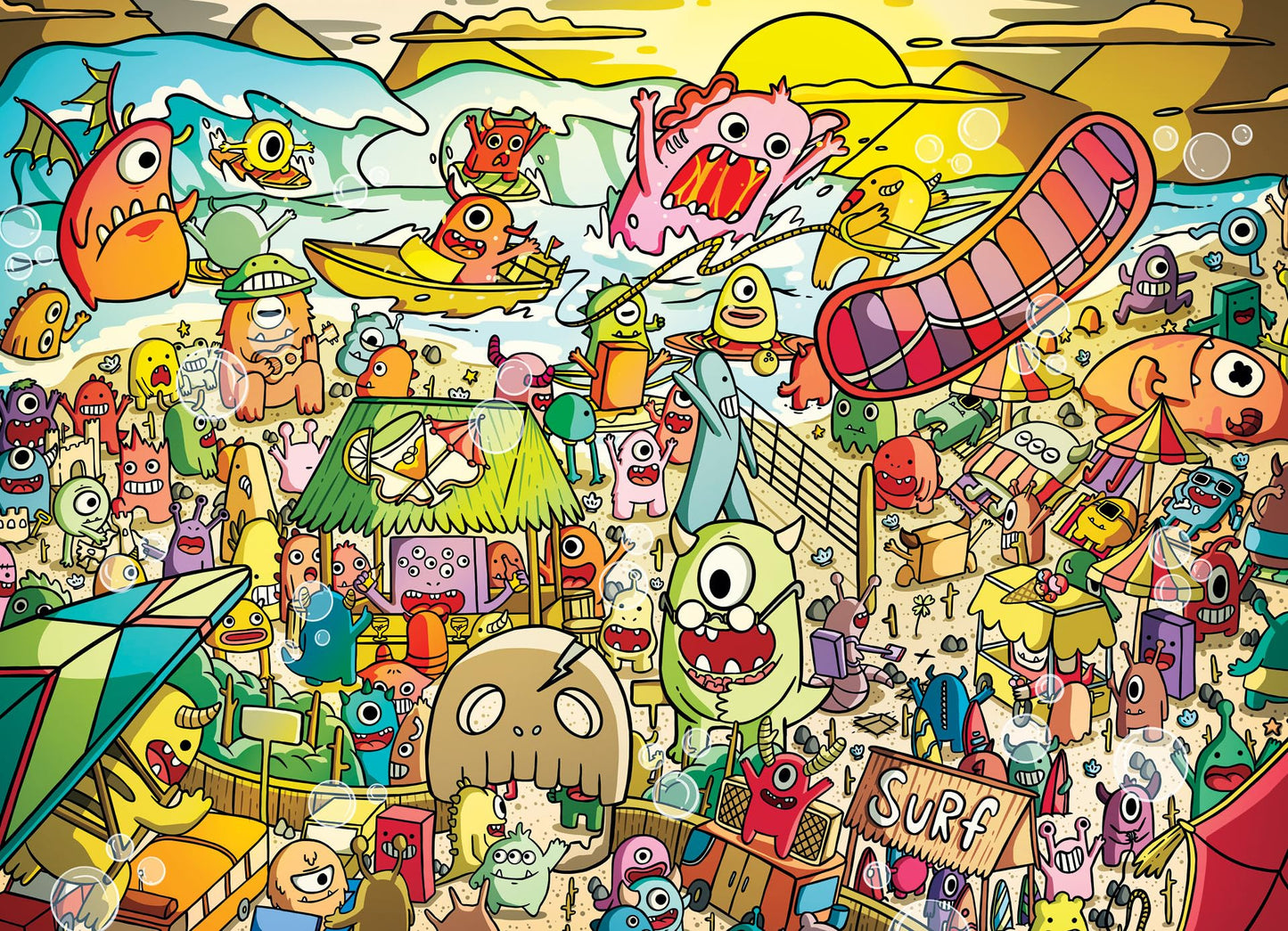Cross & Glory - Surf 'N' Scream Beach Party - 1000 Piece Jigsaw Puzzle For Adults & Kids 12+ | Whimsical Monsters | Vibrant Beach Scene | Satin Finish | Challenging & Colorful Fun