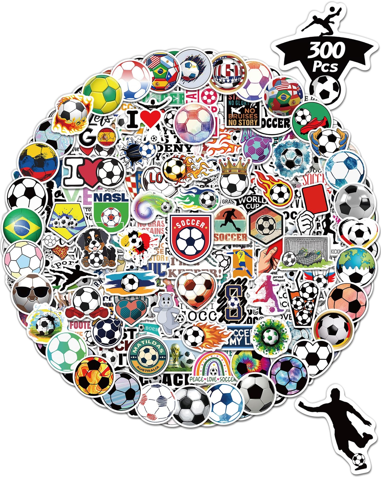 300 Pcs Soccer Stickers For Kids, Waterproof Water Bottle Stickers Vinyl For Laptop Scrapbook Classroom School Students Prizes G