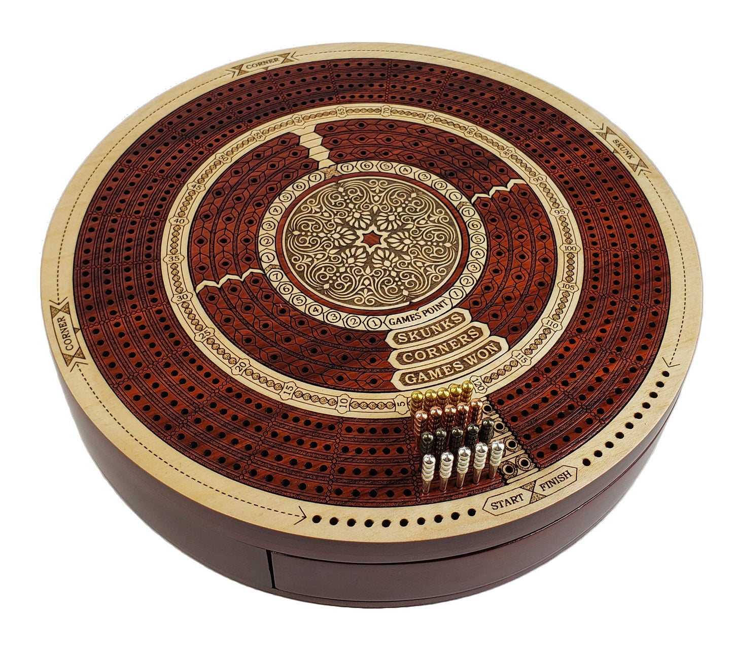 House of Cribbage Round 4 Track Cribbage Board - Bloodwood & White Maple, Card Storage Drawer, Model 80RND-09-WB-4T-120-DR.