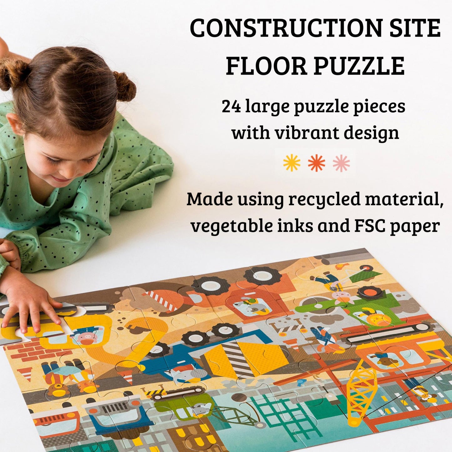 Petit Collage Floor Puzzle Construction Site 24 Pieces | Large Puzzle For Kids | Completed Puzzle 18' X 24' | Great Gift For Kids 3+
