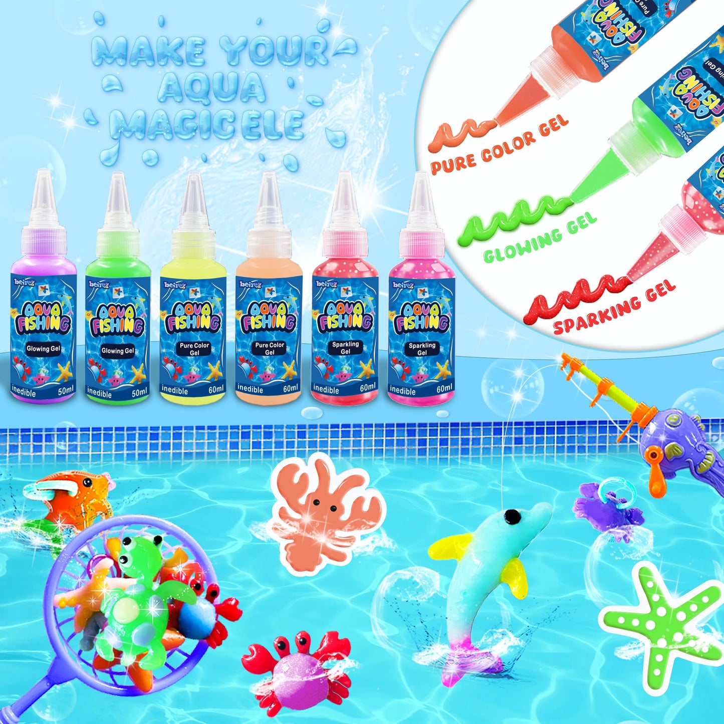 BEIREG Aqua Water Fairy Gel Kit, Magic Squishy Elf Water Toy Kit with 18 Color Gel, 18 Shape Molds, 2 Fishing Toy, Create Squish