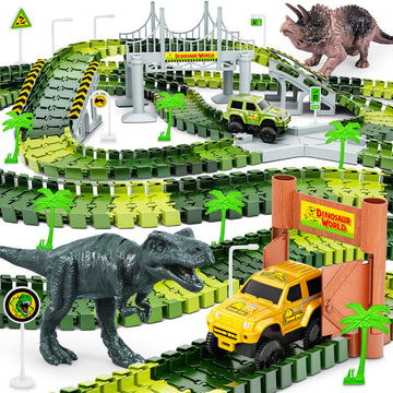 Hony Dinosaur Tracks Set - 271 PCS Flexible Train Tracks with 2 Race Cars & 2 Dinosaurs, Green, for Kids Ages 3-8, Best Gift