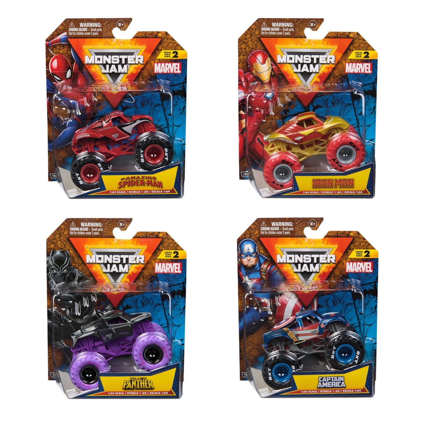 Monster Jam, Marvel 4-Pack of 1:64 Scale Die-Cast Monster Trucks, Spider-Man, Iron Man, Captain America & Black Panther, Kids To