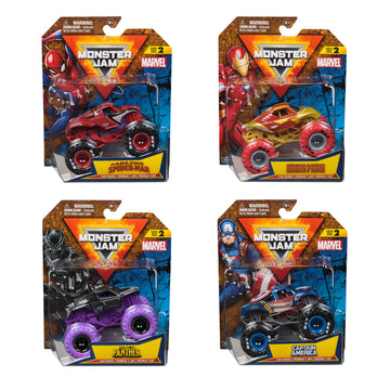 Monster Jam, Marvel 4-Pack of 1:64 Scale Die-Cast Monster Trucks, Spider-Man, Iron Man, Captain America & Black Panther, Kids To