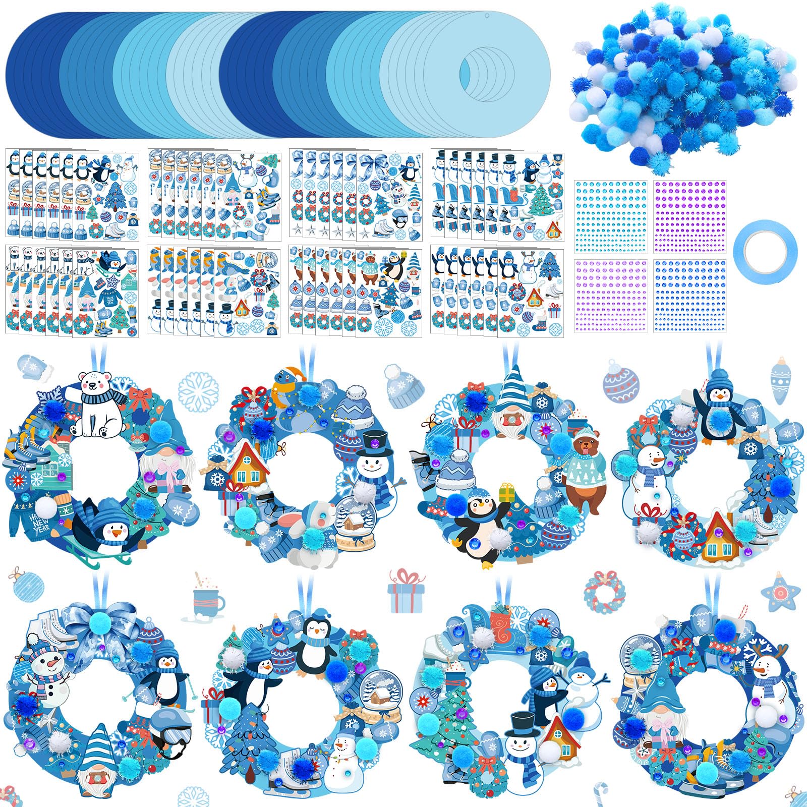 Hollowfly 48 Sets Winter Wreath Craft Kits for Christmas Snowflake Wreath Ornaments Decorations Make Your Own Snowman Santa Foam
