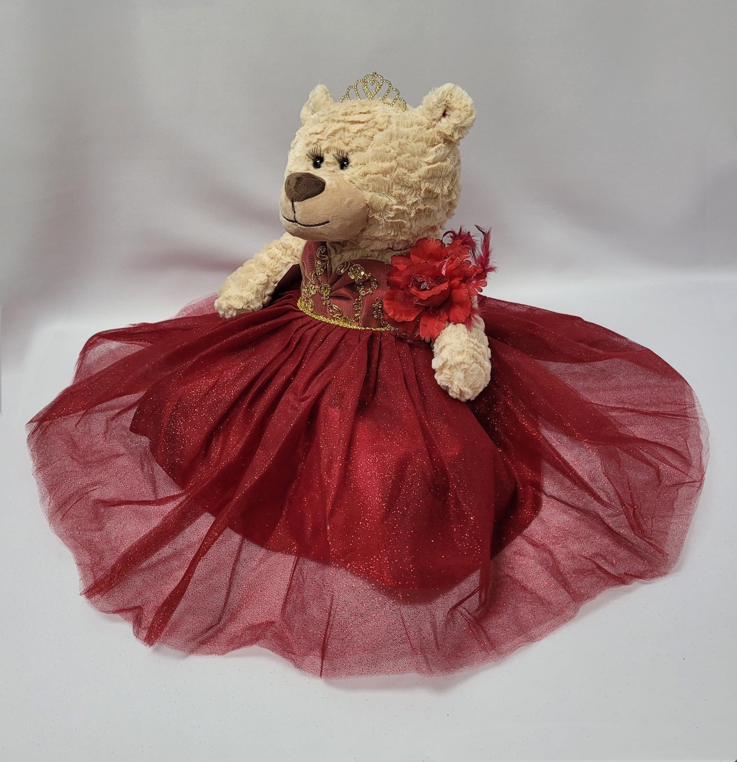 KINNEX COLLECTIONS SINCE 1997 20" Quinceanera Doll Teddy Bear, Burgundy - Gold Trim, Model B16632-7G, Polyester Centerpiece