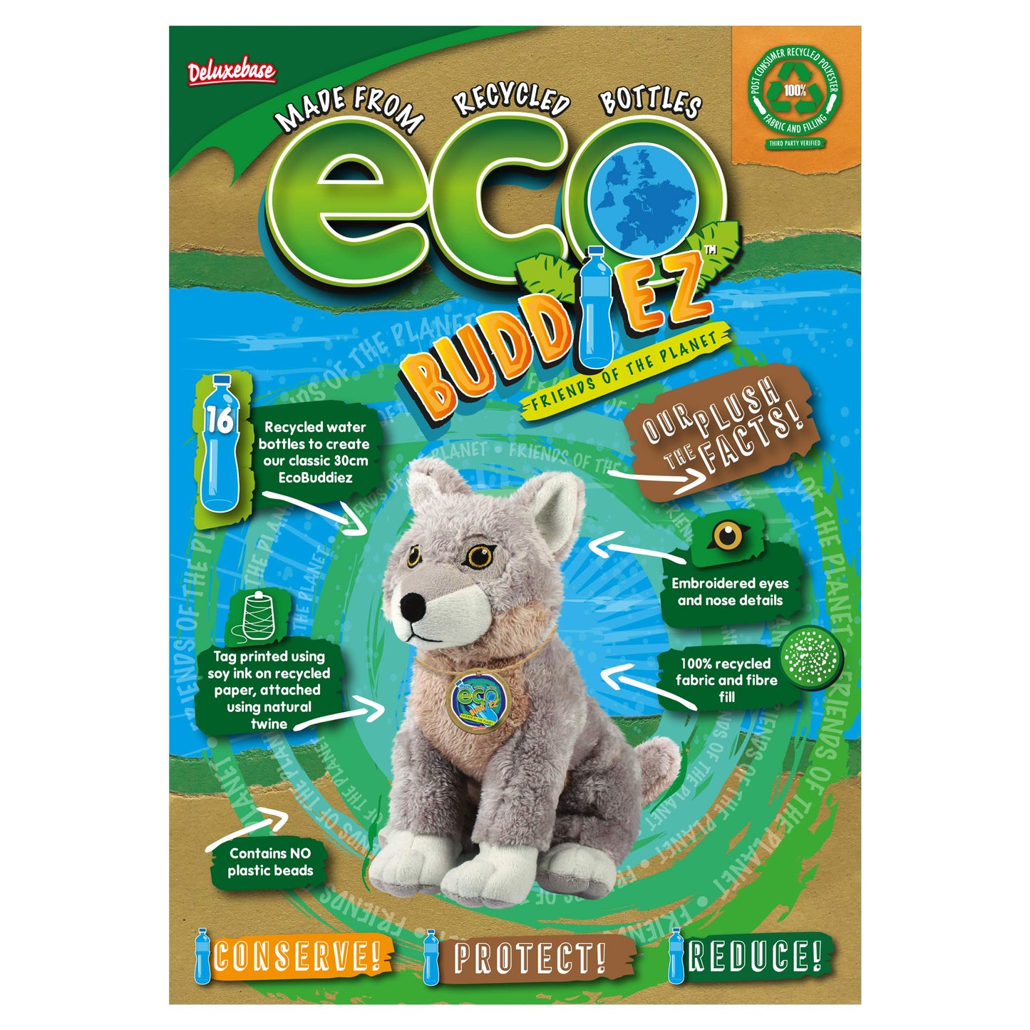 Ecobuddiez - Wolf From Deluxebase. 8-Inch Sustainable Plush Animal From Recycled Materials, Eco-Friendly Soft Stuffed Toy, Child