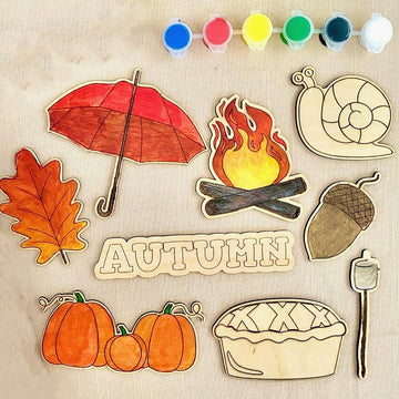Cliths 9 Pcs Wooden Autumn Painting Kit For Kids & Toddlers EcoFriendly Fall Craft Activity With 8 Shapes (Leaf, Pumpkin, Campf