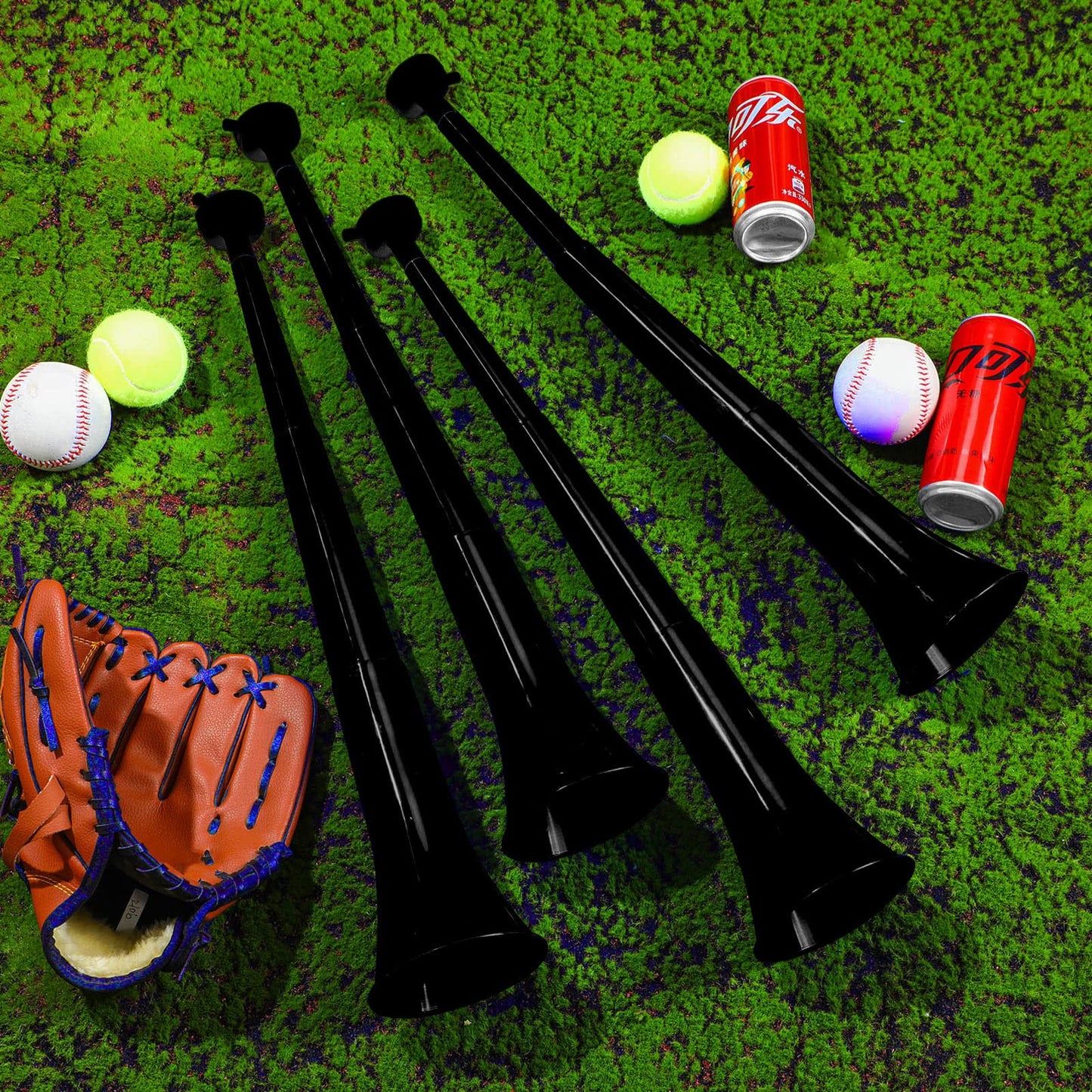 Outus Collapsible Stadium Horns - 24 Inch Plastic Vuvuzela Noisemakers, 4 Pack, Black - Perfect for Sporting Events & Parties