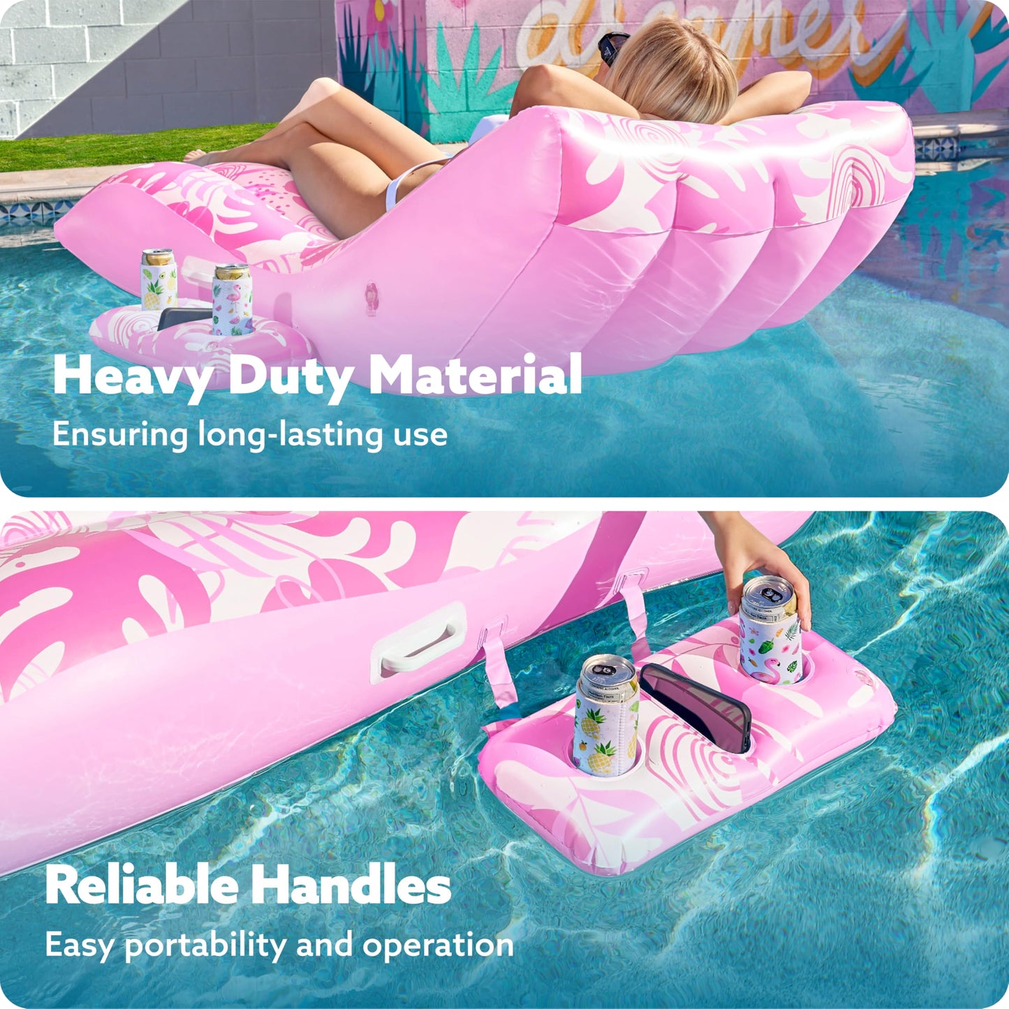 SLOOSH Inflatable Pool Floats mature-themed - Extreme Comfort Pool Lounge Chair with Detachable Cup Holder  Heavy Duty Lounger Floating Recliner Blow Up Floaties Water Floaty Lake Beach Tanning Float (Pink)