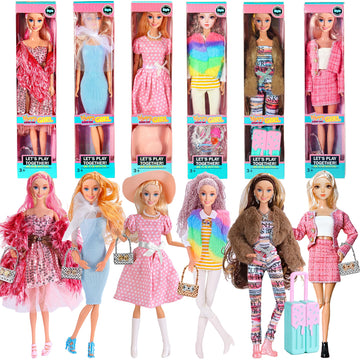 iBayda 6 Pack Fashion 11.5 inch American Toy Prinecess Dolls Playset with Outfits Dress Design and Accessories Like Handbag Hat Crown Necklace Suitcase (Gift Box Package)