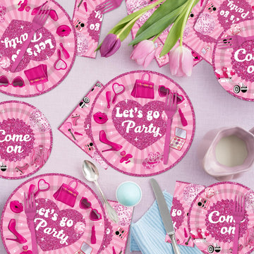 EUOYUFO 96PCS Let s Go Party Plates and Napkins Party Supplies Hot Pink Girls Party Decorations Baribe Themed Disposable Paper