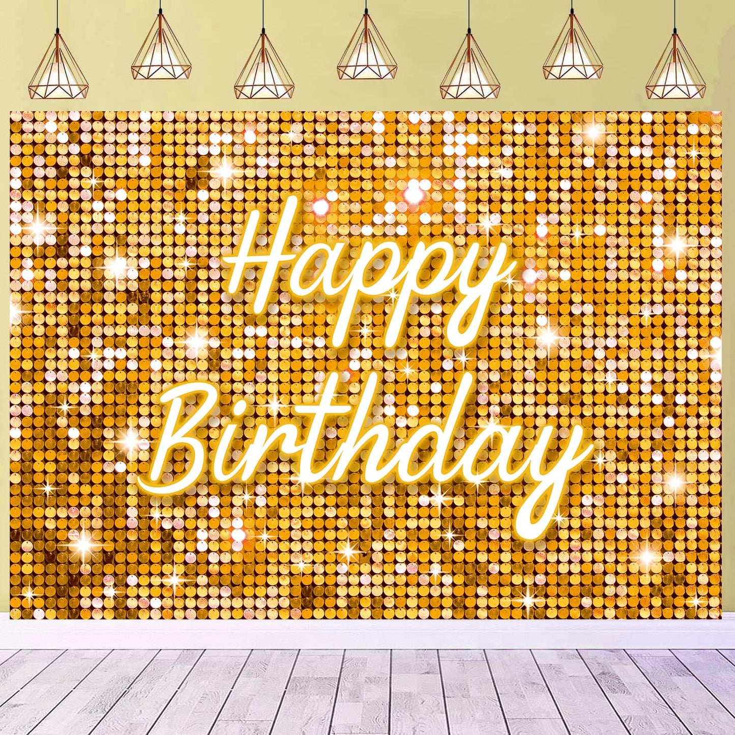 Gold Flash Square Wall Backdrop for Photography Golden Happy Birthday Glitter Sequin Shimmer Background Sweet 16 Girls Woman 20t
