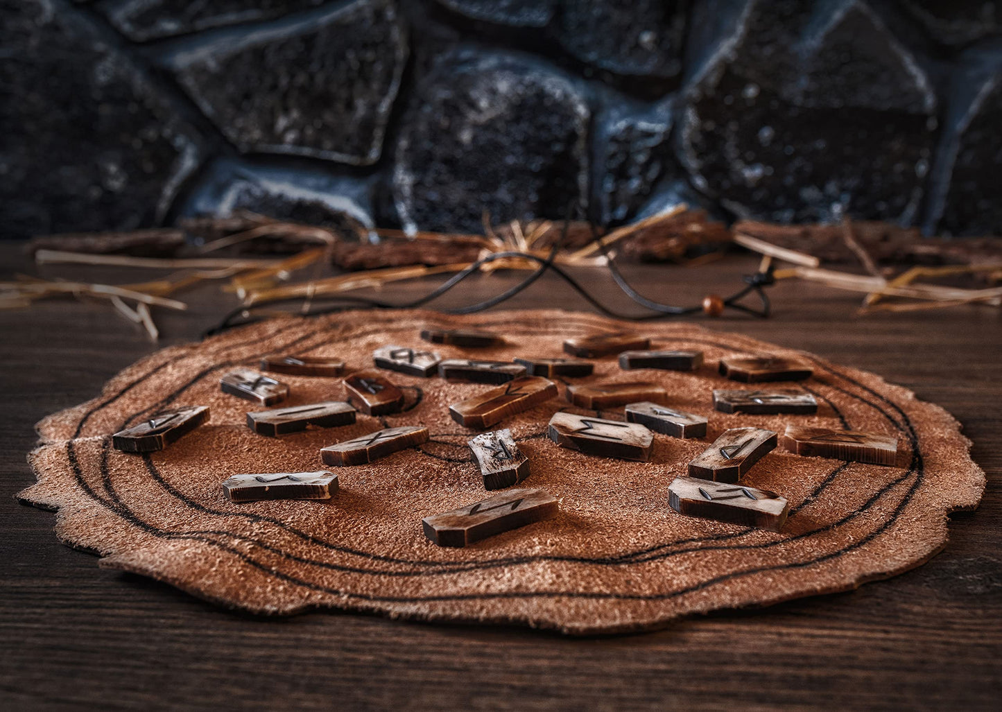 Viking Rune Divination Set with Genuine Bone Elder Futhark Runestone Pieces & enhanced Leather Divination Mat