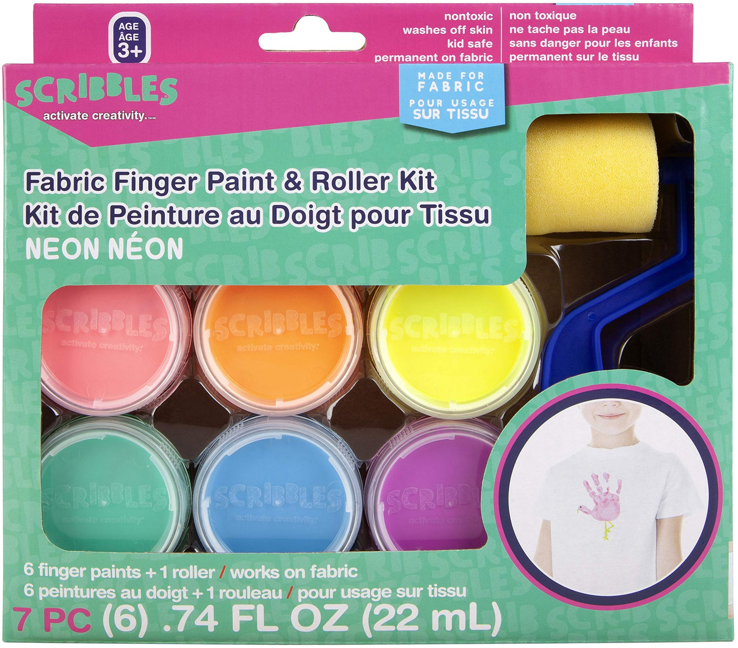 Scribbles Roller Kit, Kid Safe, Permanent Finger Paint, 7 Piece Set, Neon