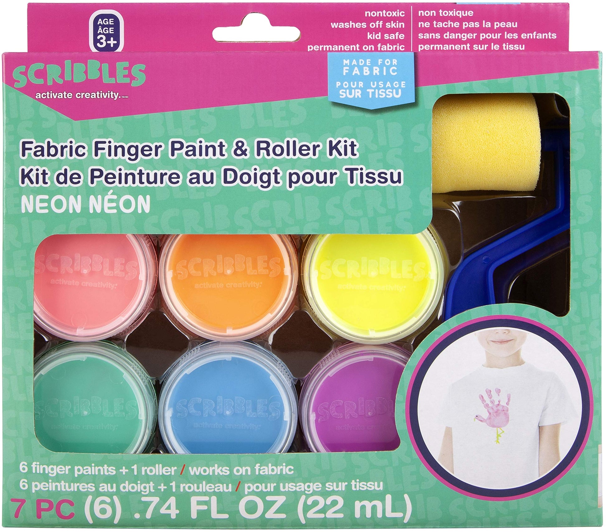 Scribbles Roller Kit, Kid Safe, Permanent Finger Paint, 7 Piece Set, Neon