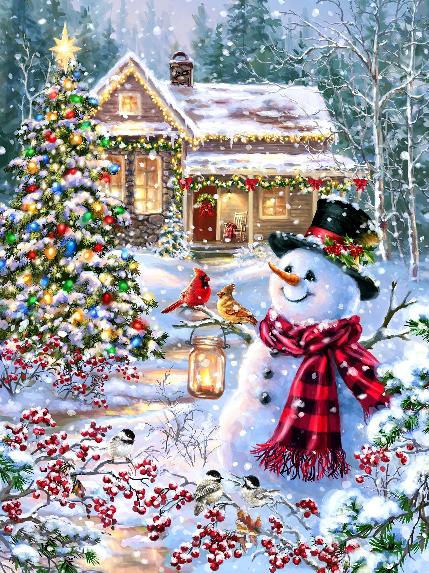 Springbok - Cottage In The Snow - 1000 Piece Jigsaw Puzzle- Holiday Winter Scene With Snowman And Cardinals