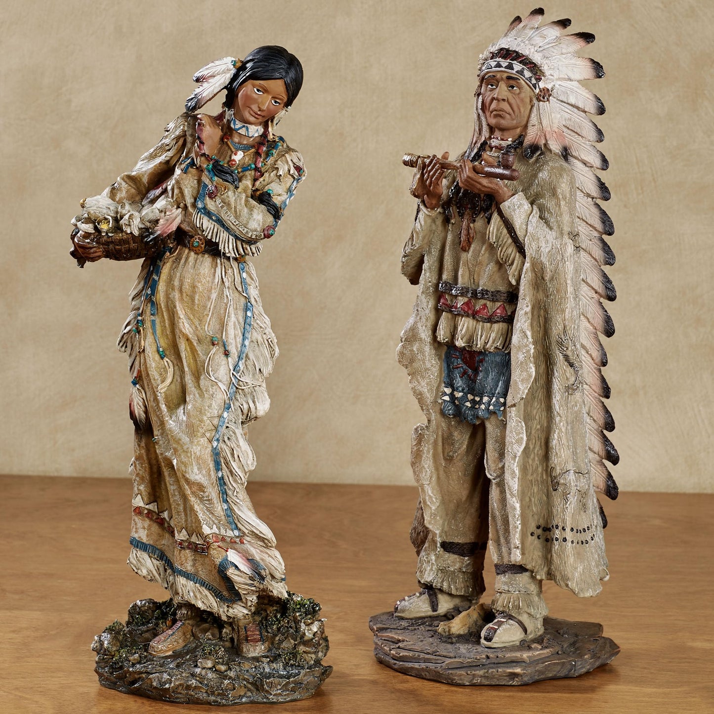 Touch of Class Native American Figurines Set of 2 - Multi Earth Tones Resin Decor for Living Room, Office Desk - Tribal Chief & Woman