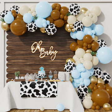 Balonar 135Pcs Cow Boy Blue Balloons Arch Garland Kit With 18/10/5Inch Sand White Coffee Cow Print Farm Animal Gold Balloons For Boy Birthday Party Baby Shower Birthday Supplies (Blue)