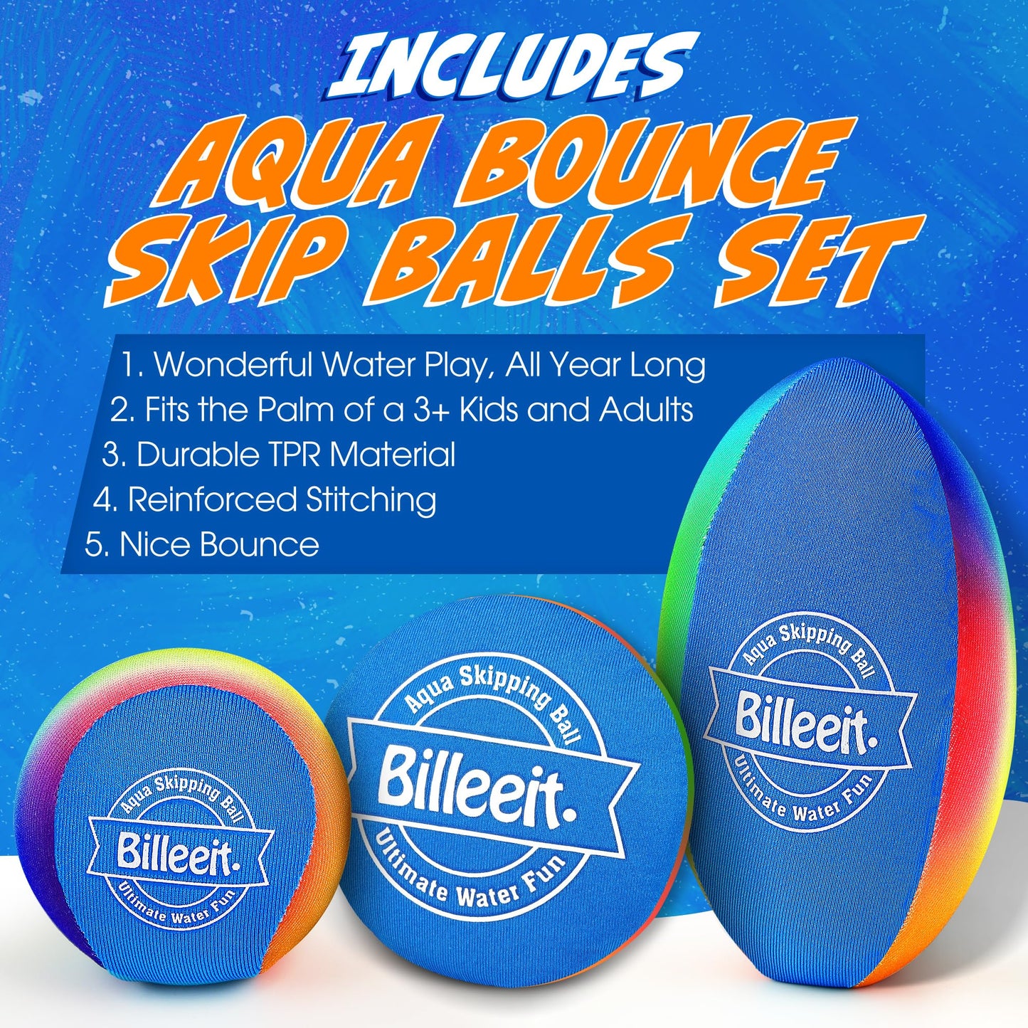 Billeeit Water Skipping Balls Set for Pool Play, Include 1 Rugby, 2 Balls and 2 Discs, Rainbow Color Splash Water Bouncing Balls