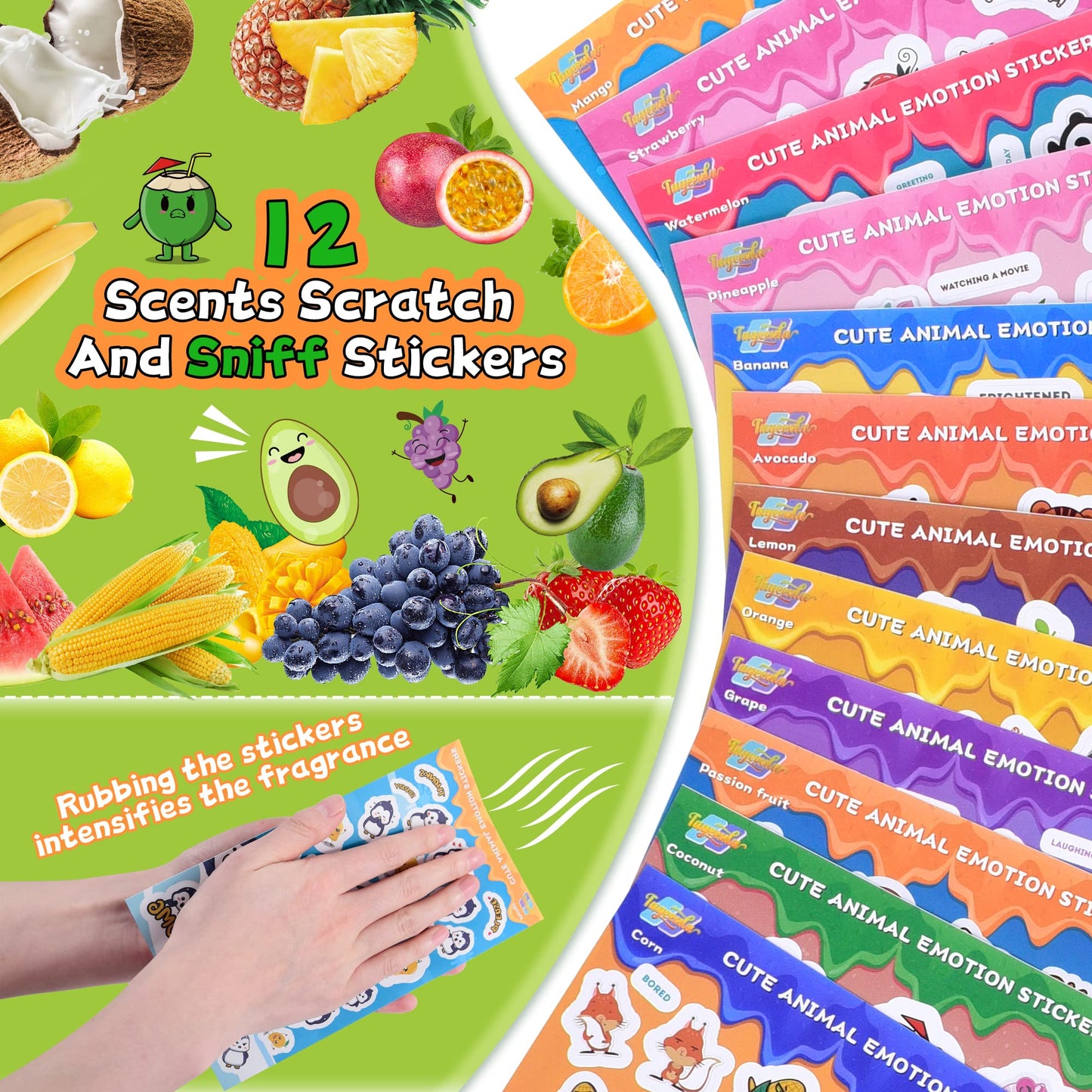 Tageenla Scented Stickers for Kids - 48 Sheets Scratch & Sniff, Colorful Animal Emotions, 12 Scents, Classroom & Birthday Rewards