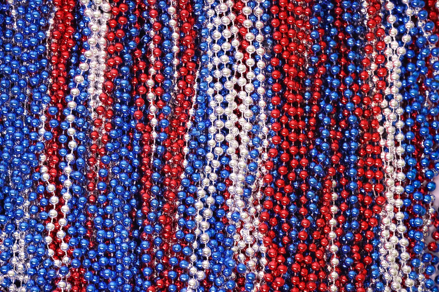 Mardi Gras Beads 33 inch 7mm, 12 Dozen, 144 Pieces, Red, Silver and Blue Patriotic Necklaces with Doubloon