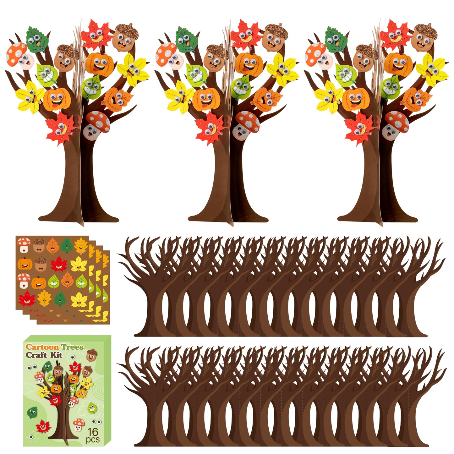 WATINC Fall Leaves Tree Craft Kits - 16Pcs Autumn Movable Eyes Trees for Party Favor Ornament Making Supplies, DIY Thanksgiving 