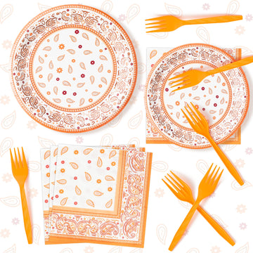 K1Tpde Cholo Bandana Party Tableware - 96Pcs Cholo Gangsta Theme Orange Paper Plates Set Disposable Dinnerware Paper Napkins Forks For Western Cowboy Birthday Party Supplies Decorations